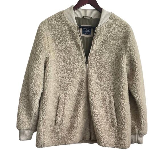 Abercrombie Women Sherpa Fleece Jacket M‎ Beige Bomber Cozy Layer Zip Streetwear - Picture 1 of 12